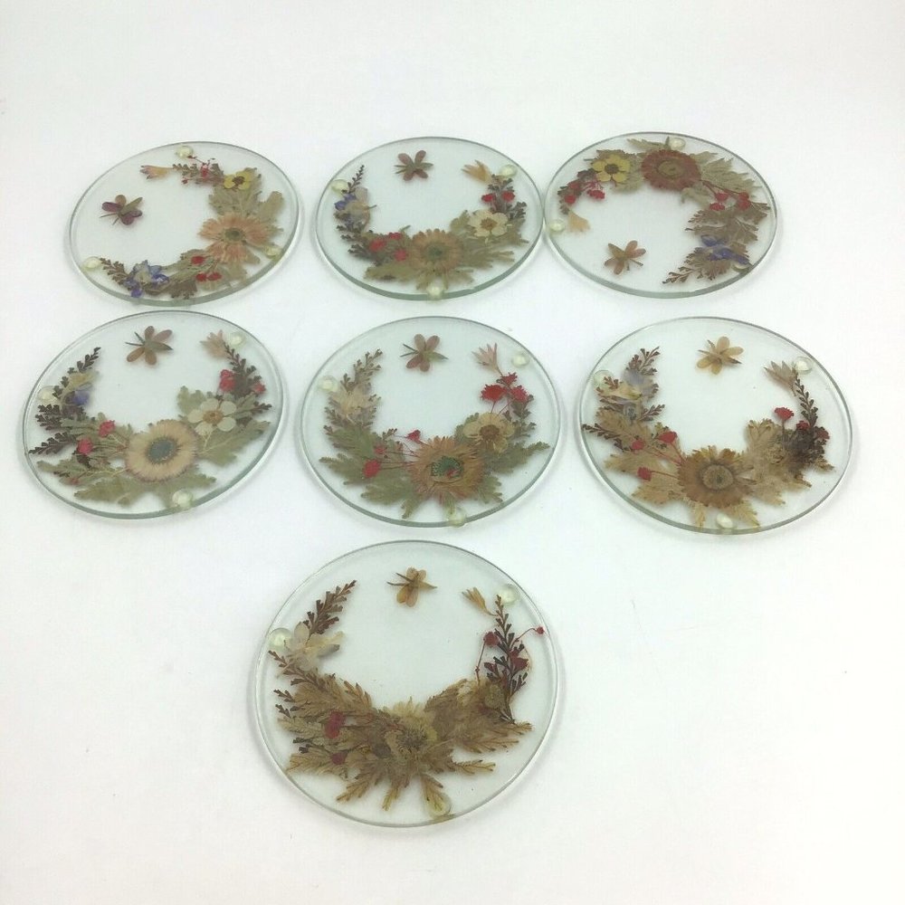 Vintage Set Of 7 Clear Pressed Flower 3" Coasters Lucite Footed Dried Flowers